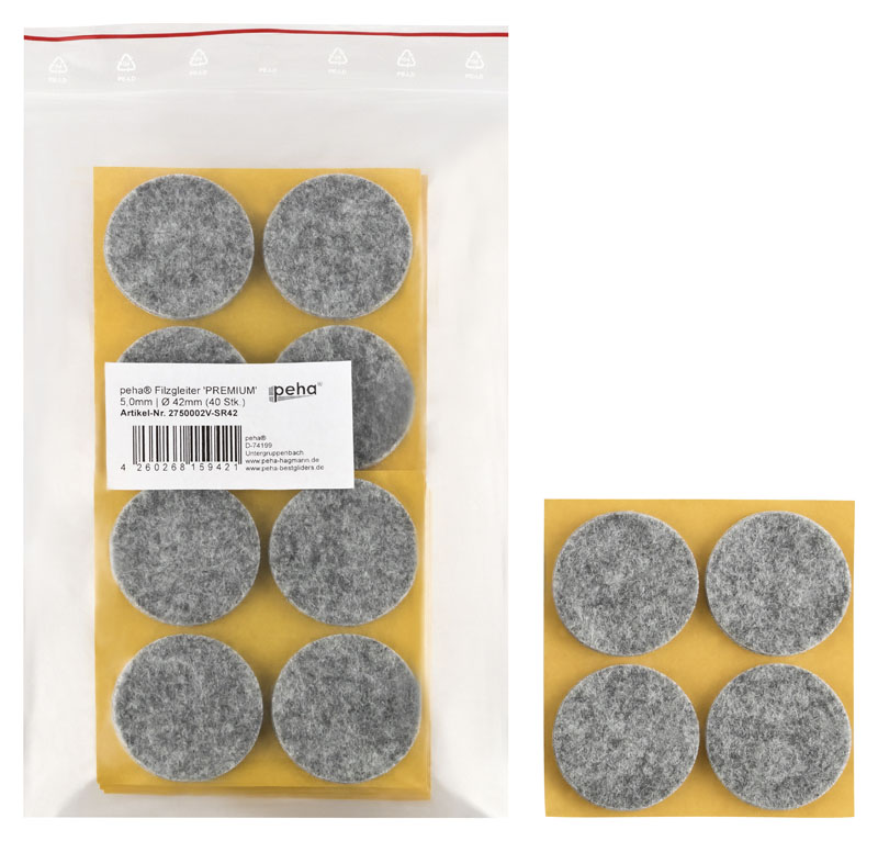 Filzgleiter selbstkl. PREMIUM - 5,0 mm stark, grau | Ø 42 mm (40 Stk.)