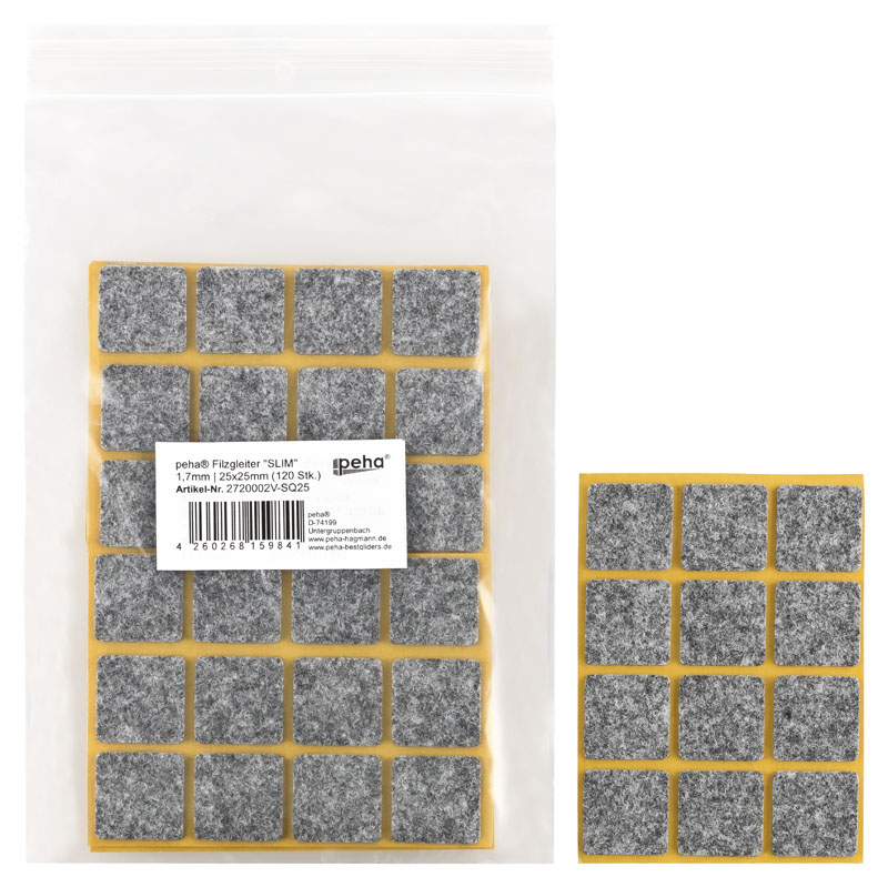 [2720002V-SQ25] Filzgleiter sk SLIM-1,7 mm, grau, quadr. | 25 x 25 mm (120 Stk.)