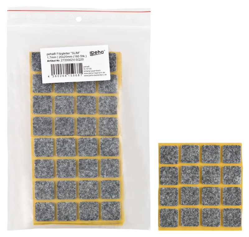 [2720002V-SQ20] Filzgleiter sk SLIM-1,7 mm, grau, quadr. | 20 x 20 mm (160 Stk.)