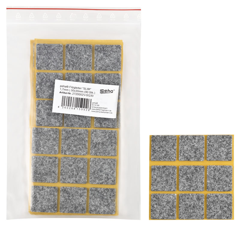 [2720002V-SQ30] Filzgleiter sk SLIM-1,7 mm, grau, quadr. | 30 x 30 mm (90 Stk.)