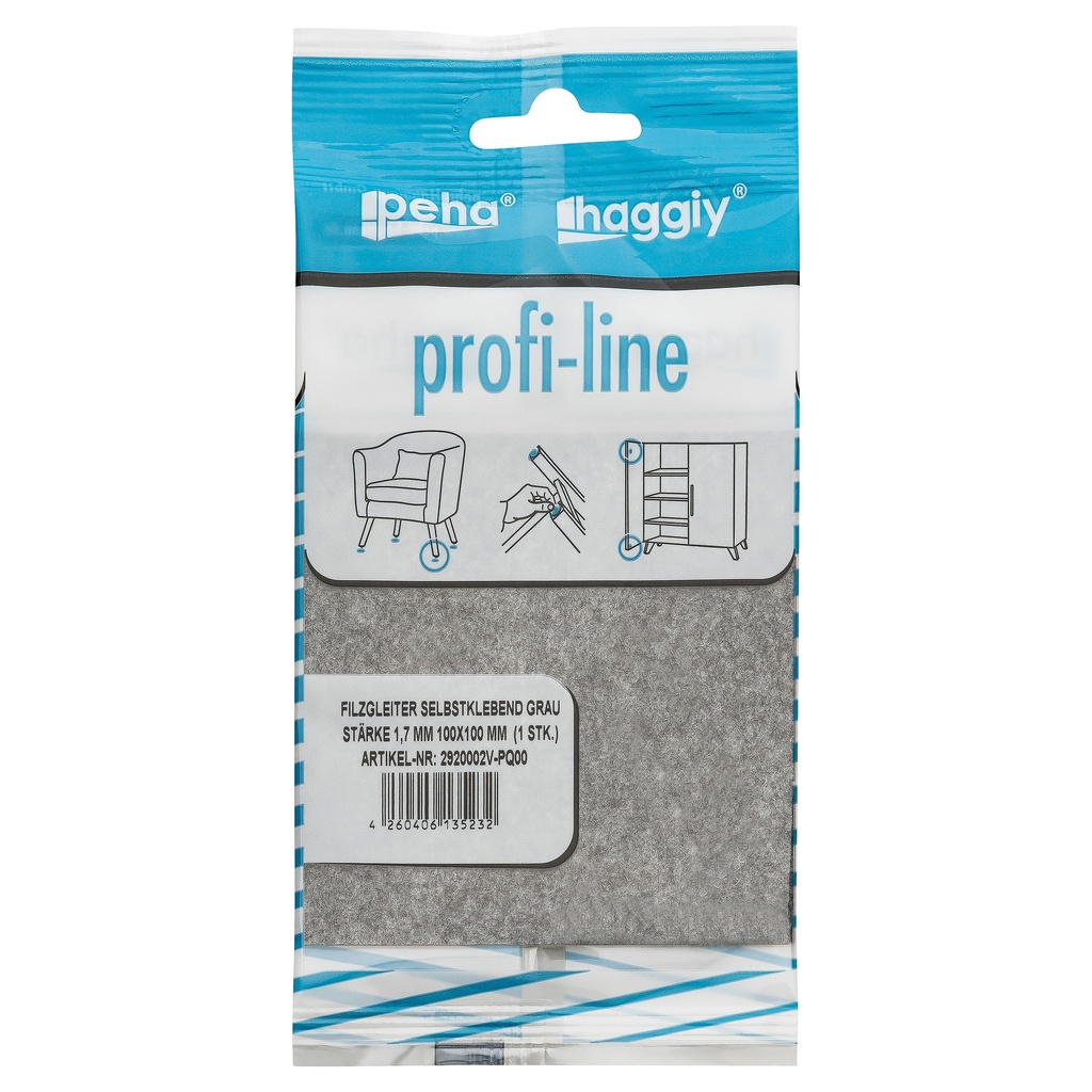 [2920002V-PQ00] peha profi-line Filzgleiter selbstklebend, 1.7 mm 100x100 mm | grau (1 Stk.)