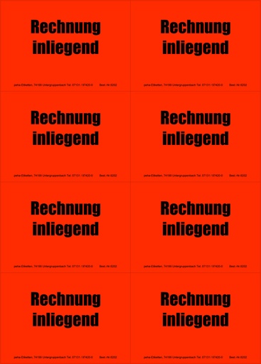 [620V-H02] Hinweis-Etiketten 8 Stk./Blatt signalrot, 99x69 mm | Aufdruck: "RECHNUNG inliegend"