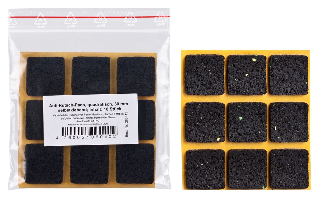 Antirutsch-Pads, selbstklebend, schwarz | 30 x 30 mm | Stärke: 3 mm (18 Stk.)