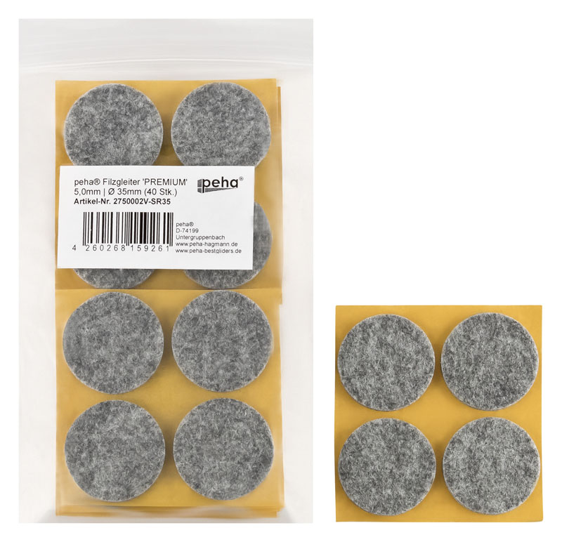 Filzgleiter selbstkl. PREMIUM - 5,0 mm stark, grau | Ø 35 mm (40 Stk.)