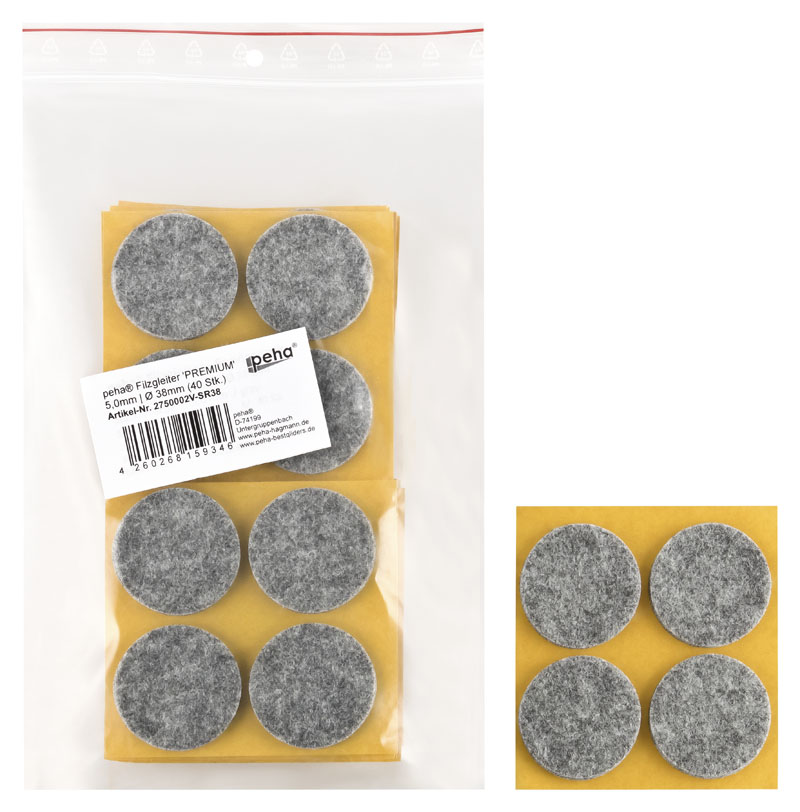 Filzgleiter selbstkl. PREMIUM - 5,0 mm stark, grau | Ø 38 mm (40 Stk.)