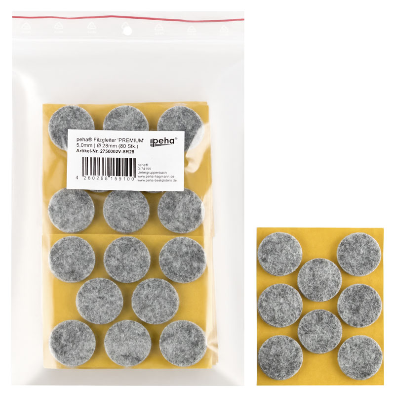 Filzgleiter selbstkl. PREMIUM - 5,0 mm stark, grau | Ø 28 mm (80 Stk.)