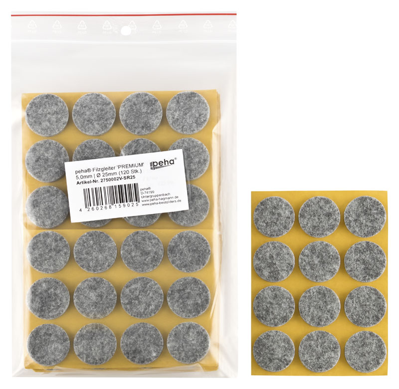 Filzgleiter selbstkl. PREMIUM - 5,0 mm stark, grau | Ø 25 mm (120 Stk.)