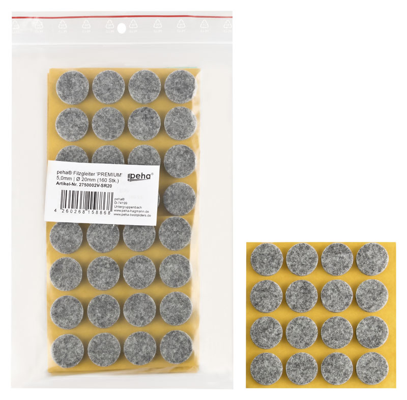 Filzgleiter selbstkl. PREMIUM - 5,0 mm stark, grau | Ø 20 mm (160 Stk.)