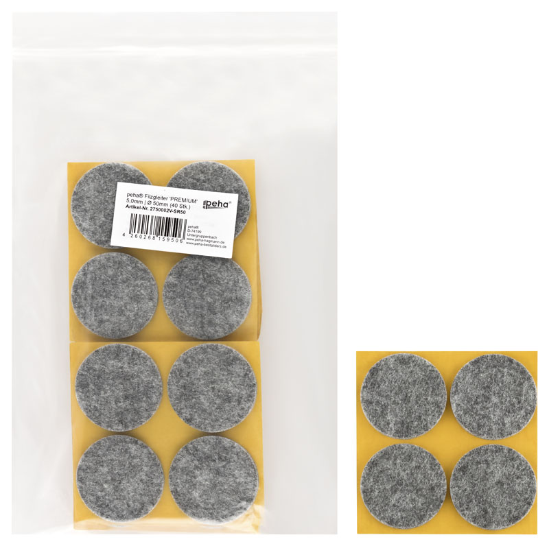 Filzgleiter selbstkl. PREMIUM - 5,0 mm stark, grau | Ø 50 mm (40 Stk.)