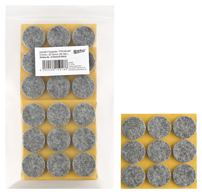 Filzgleiter selbstkl. PREMIUM - 5,0 mm stark, grau | Ø 30 mm (90 Stk.)