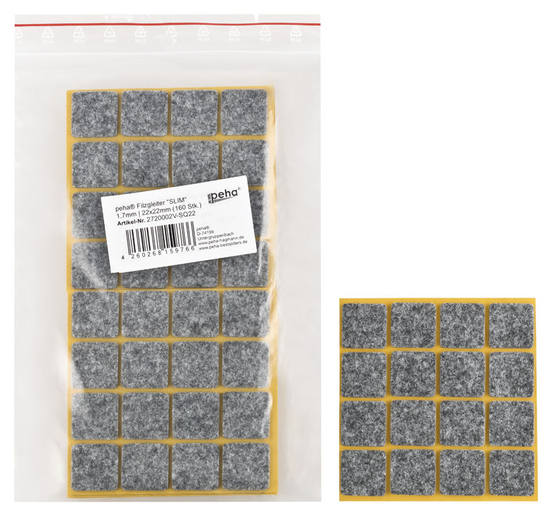 [2720002V-SQ22] Filzgleiter sk SLIM-1,7 mm, grau, quadr. | 22 x 22 mm (160 Stk.)