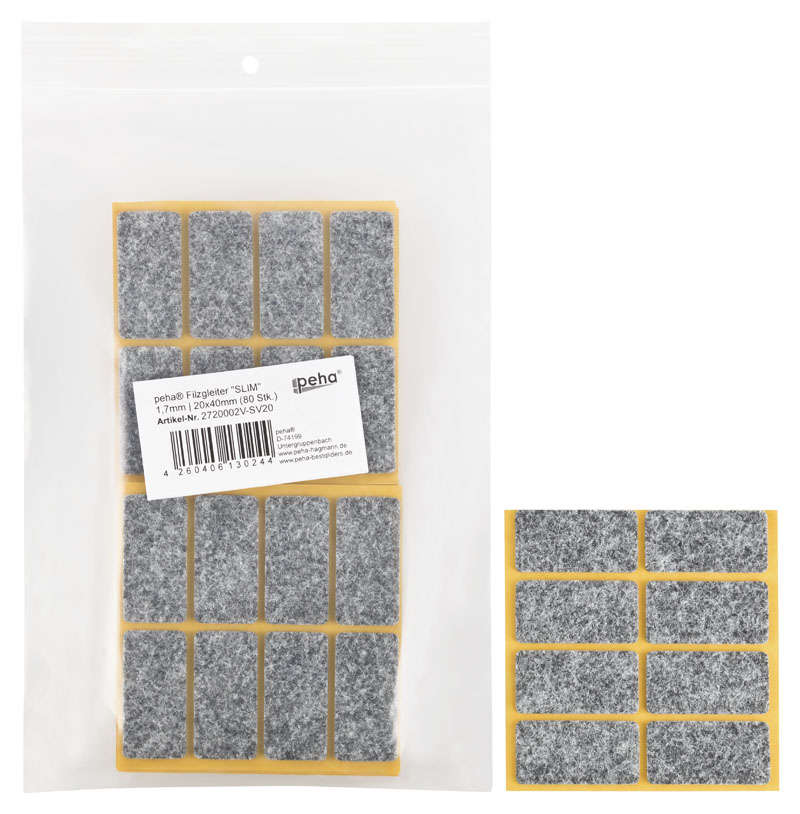 Filzgleiter sk SLIM-1,7 mm, grau, rechteckig | 20 x 40 mm (80 Stk.)