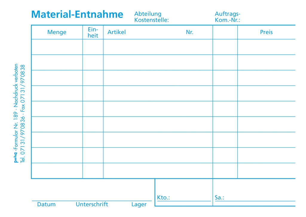 [189] Formular Material-Entnahmeschein, A6 quer, | 100 Blatt mit Blaupapier