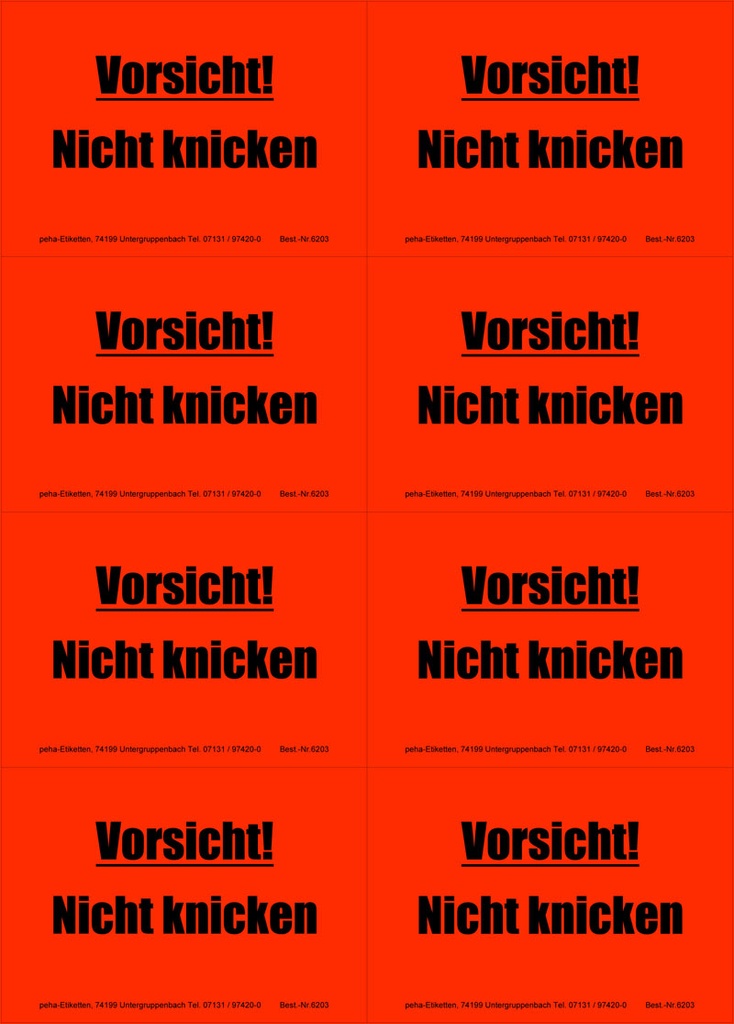 Hinweis-Etiketten 8 Stk./Blatt signalrot, 99x69 mm | Aufdruck: "Vorischt! Nicht knicken"
