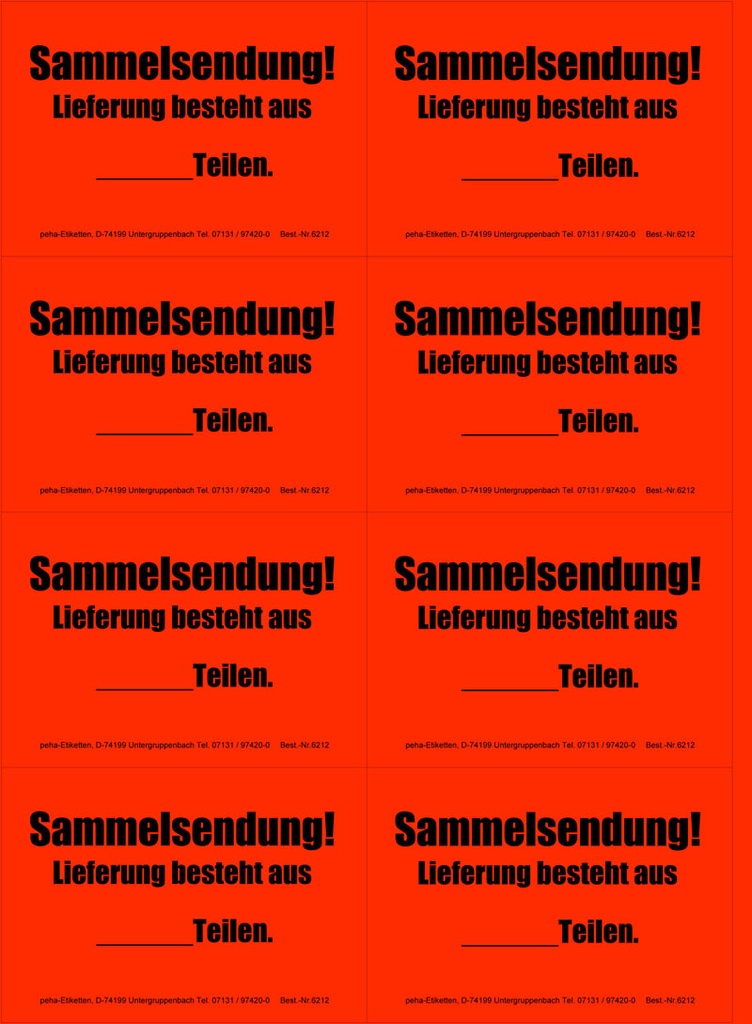 [620V-H12] Hinweis-Etiketten 8 Stk./Blatt signalrot, 99x69 mm | Aufdruck: "SAMMELSENDUNG!"