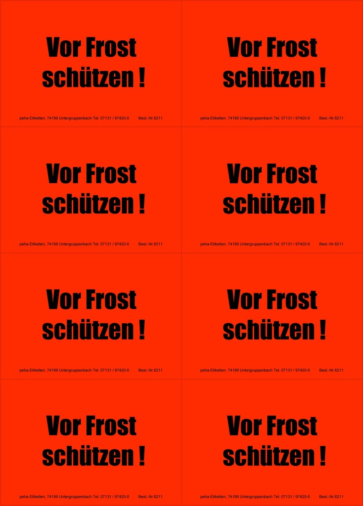 Hinweis-Etiketten 8 Stk./Blatt signalrot, 99x69 mm | Aufdruck: "Vor Frost schützen!"