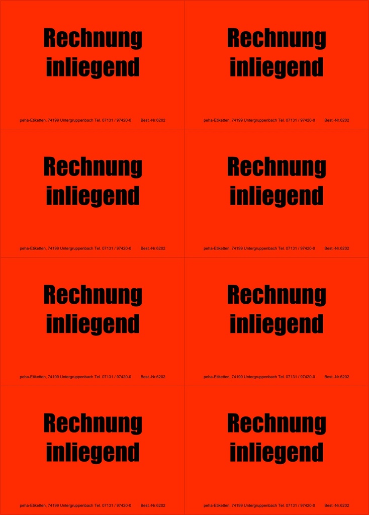 [620V-H02] Hinweis-Etiketten 8 Stk./Blatt signalrot, 99x69 mm | Aufdruck: "RECHNUNG inliegend"