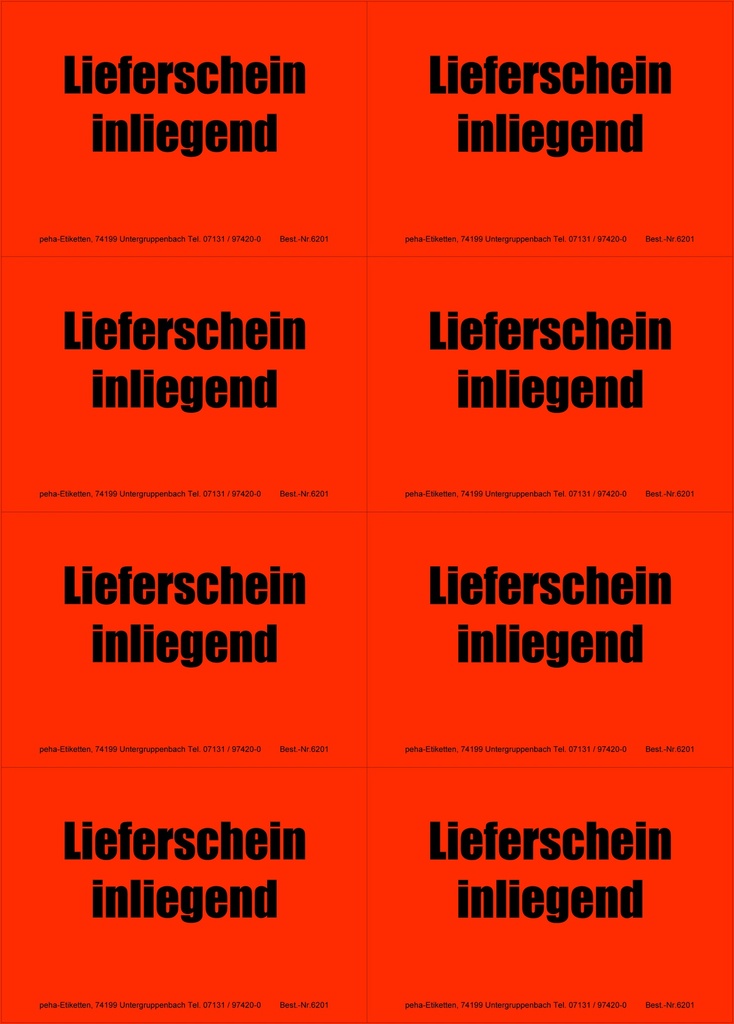 [620V-H01] Hinweis-Etiketten 8 Stk./Blatt signalrot, 99x69 mm | Aufdruck: "LIEFERSCHEIN inliegend"