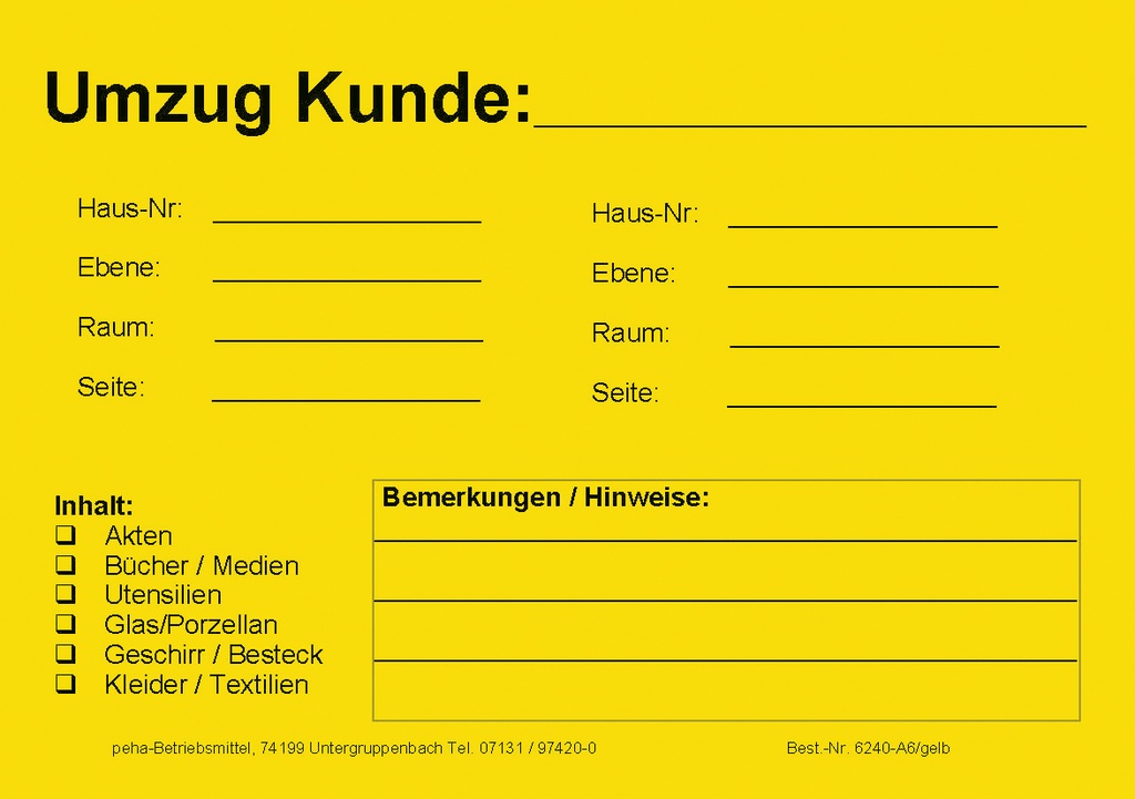 Hinweis-Etiketten Einzelblatt DIN A6 (100 Stk.) | Text: "Umzug-Kunde/ von nach/ Inhalt" (gelb)