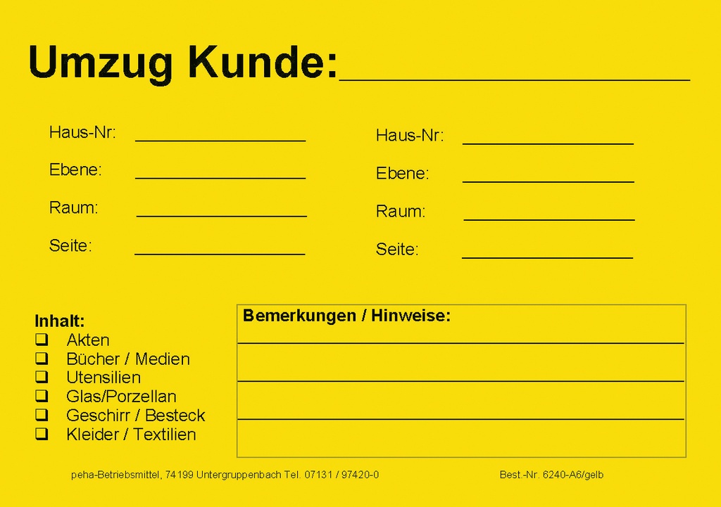 [622V-A640] Hinweis-Etiketten Einzelblatt DIN A6 (100 Stk.) | Text: "Umzug-Kunde/ von nach/ Inhalt" (gelb)