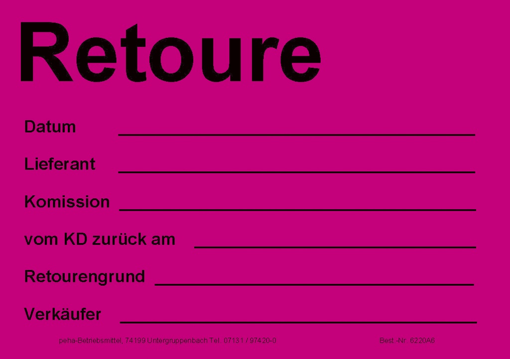 [622V-A620] Hinweis-Etiketten Einzelblatt DIN A6 (100 Stk.) | Text: "Retoure-Datum-Lieferant…" (signalrot)