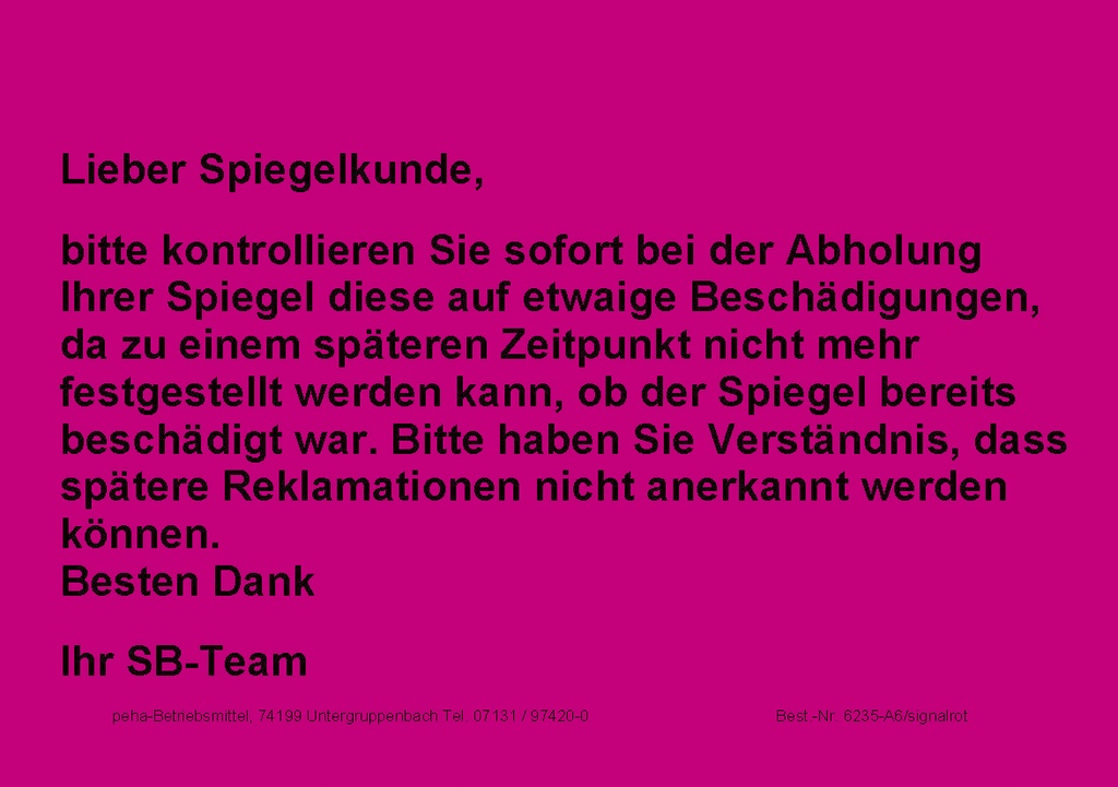 [622V-A635] Hinweis-Etiketten Einzelblatt DIN A6 (100 Stk.) | Text: "Warnhinweis an Spiegelkunden" (signalrot)