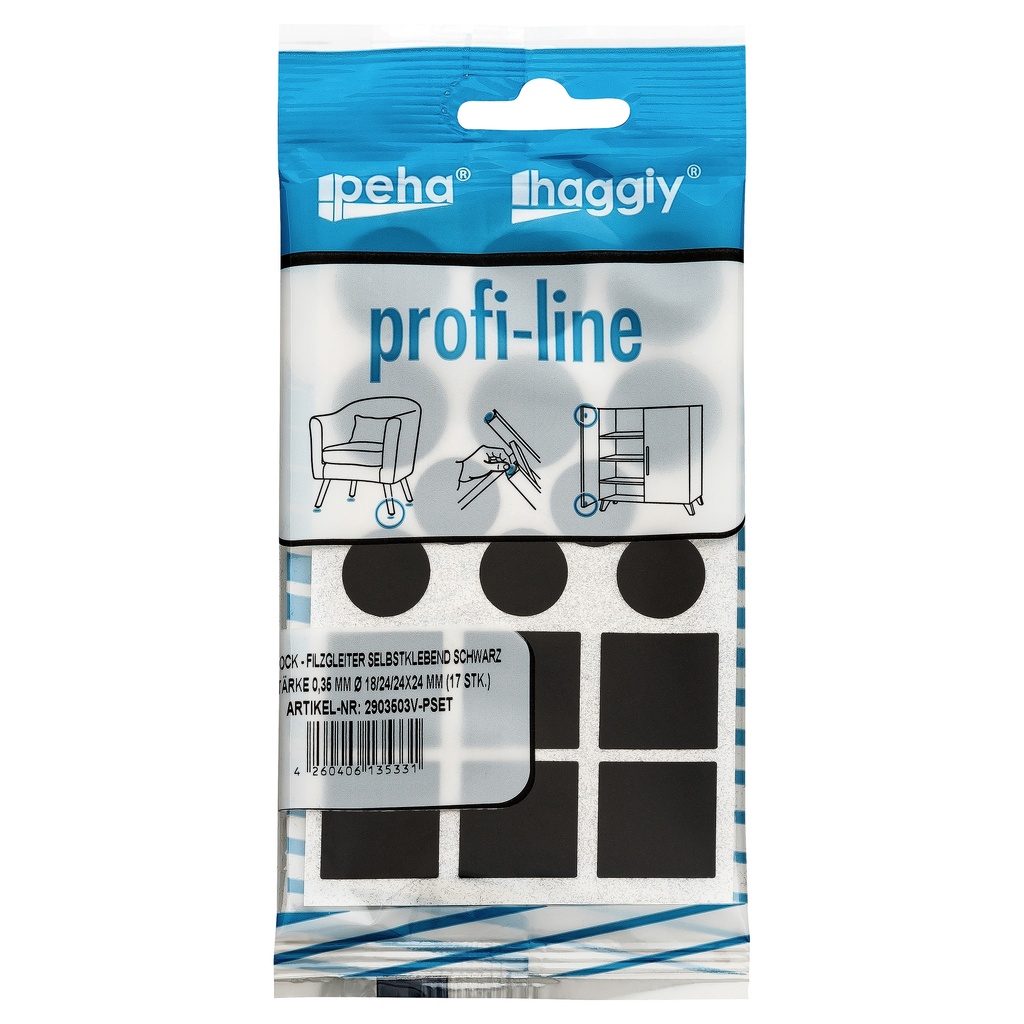 [2903503V-PSET] peha profi-line Flock-Filzgleiter selbstkl. 0.35mm versch. Größen | schwarz (17 Stk.)