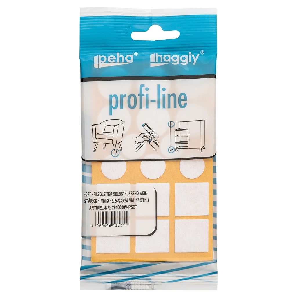 peha profi-line Soft-Filzgleiter selbstkl. 1.0 mm versch. Größen | weiß (17 Stk.)