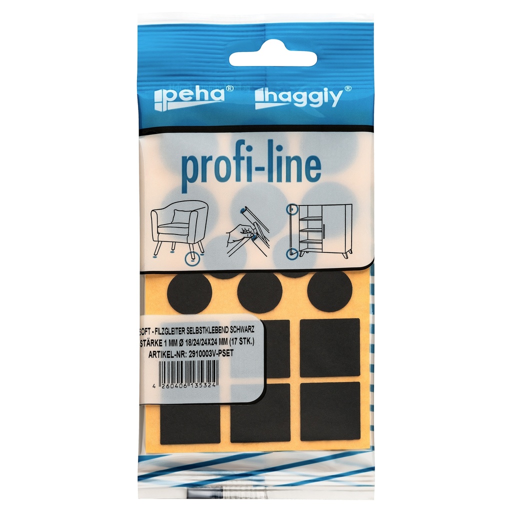 peha profi-line Soft-Filzgleiter selbstkl. 1.0 mm versch. Größen | schwarz (17 Stk.)