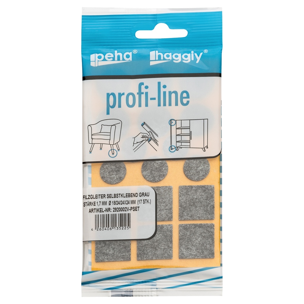 [2920002V-PSET] peha profi-line Filzgleiter selbstklebend, 1.7 mm versch. Größen | grau (17 Stk.)