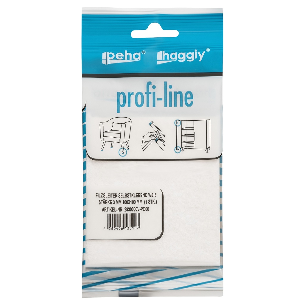 [2930000V-PQ00] peha profi-line Filzgleiter selbstklebend, 3.0 mm 100x100 mm | weiß (1 Stk.)