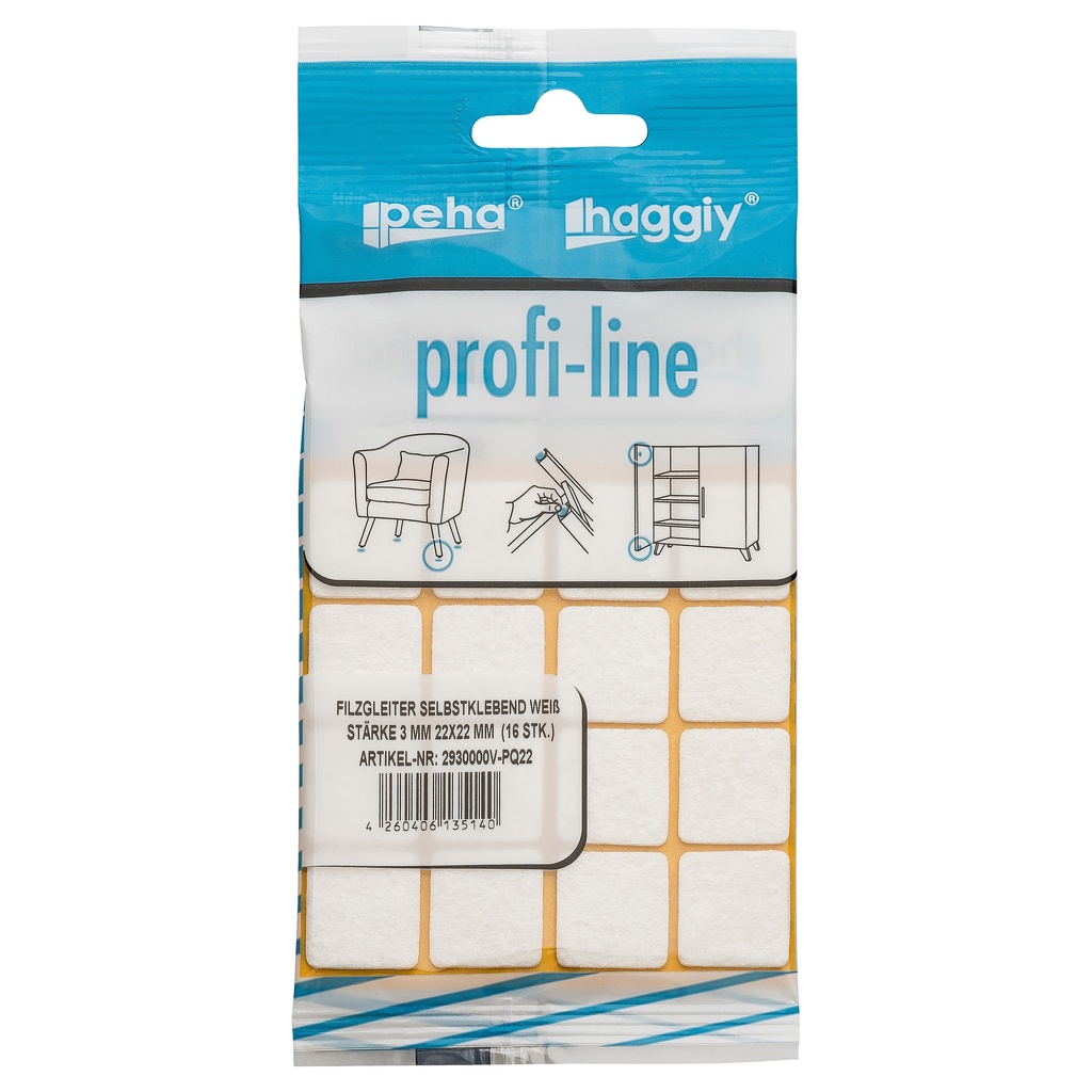peha profi-line Filzgleiter selbstklebend, 3.0 mm 22x22 mm | weiß (16 Stk.)