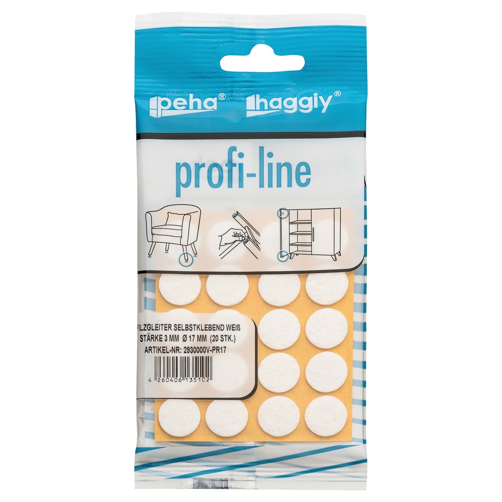 [2930000V-PR17] peha profi-line Filzgleiter selbstklebend, 3.0 mm Ø 17 mm | weiß (20 Stk.)