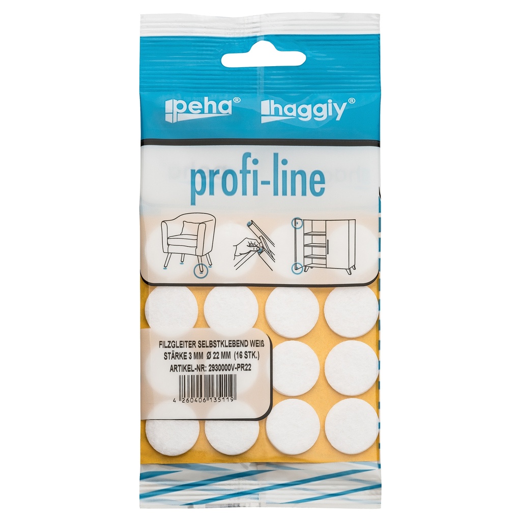 peha profi-line Filzgleiter selbstklebend, 3.0 mm Ø 22 mm | weiß (16 Stk.)