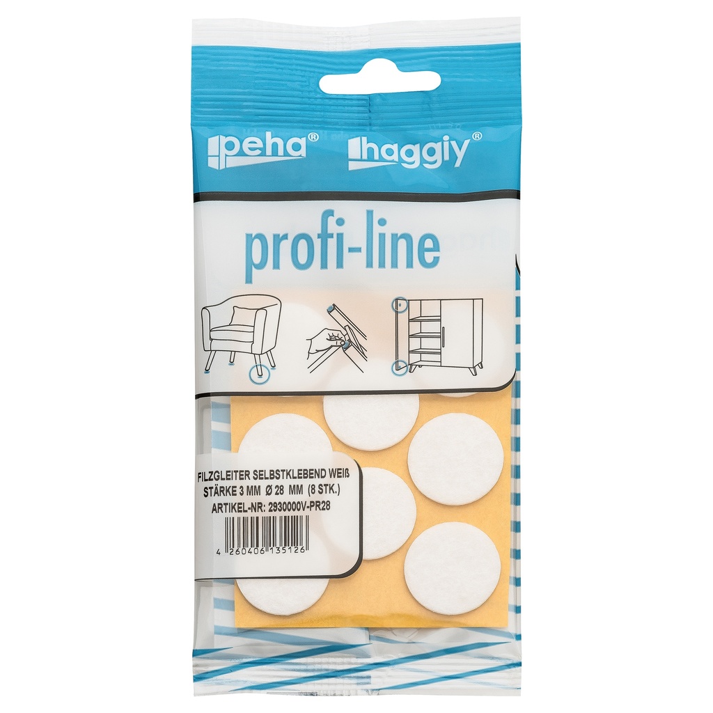 peha profi-line Filzgleiter selbstklebend, 3.0 mm Ø 28 mm | weiß (8 Stk.)