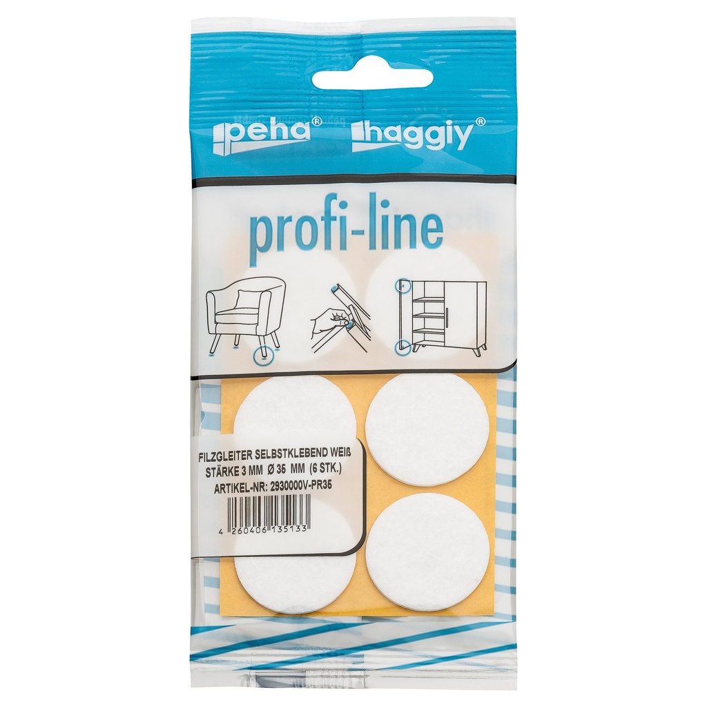 peha profi-line Filzgleiter selbstklebend, 3.0 mm Ø 35 mm | weiß (6 Stk.)