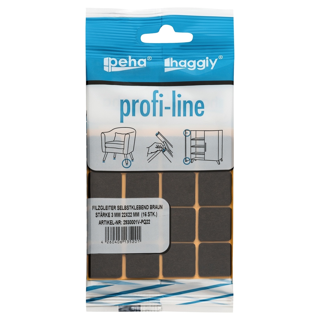 peha profi-line Filzgleiter selbstklebend, 3.0 mm 22x22 mm | braun (16 Stk.)
