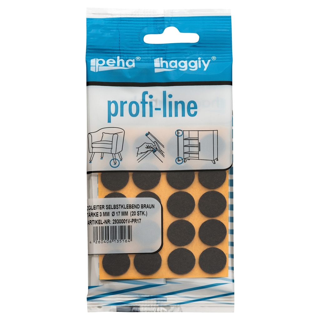 [2930001V-PR17] peha profi-line Filzgleiter selbstklebend, 3.0 mm Ø 17 mm | braun (20 Stk.)