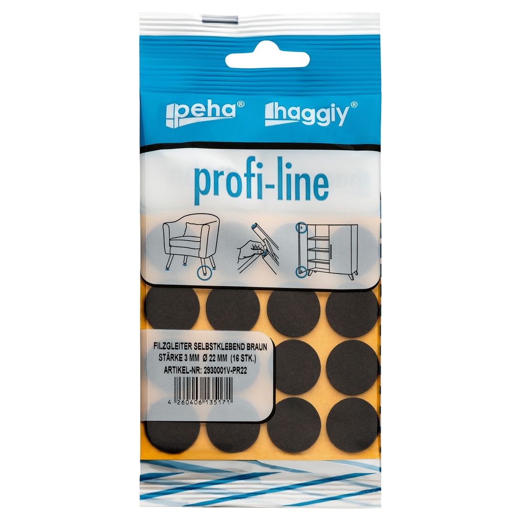 peha profi-line Filzgleiter selbstklebend, 3.0 mm Ø 22 mm | braun (16 Stk.)
