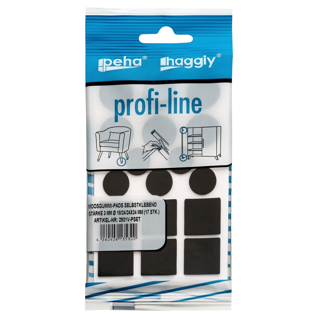 peha profi-line Moosgummi-Pads selbstkl. 3.0 mm versch. Größen | schwarz (17 Stk.)