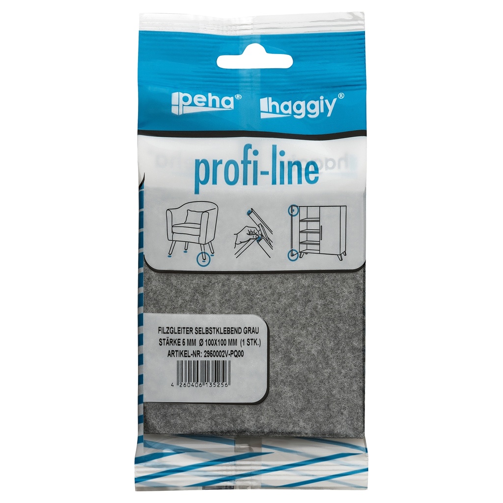 peha profi-line Filzgleiter selbstklebend, 5.0 mm 100x100 mm | grau (1 Stk.)