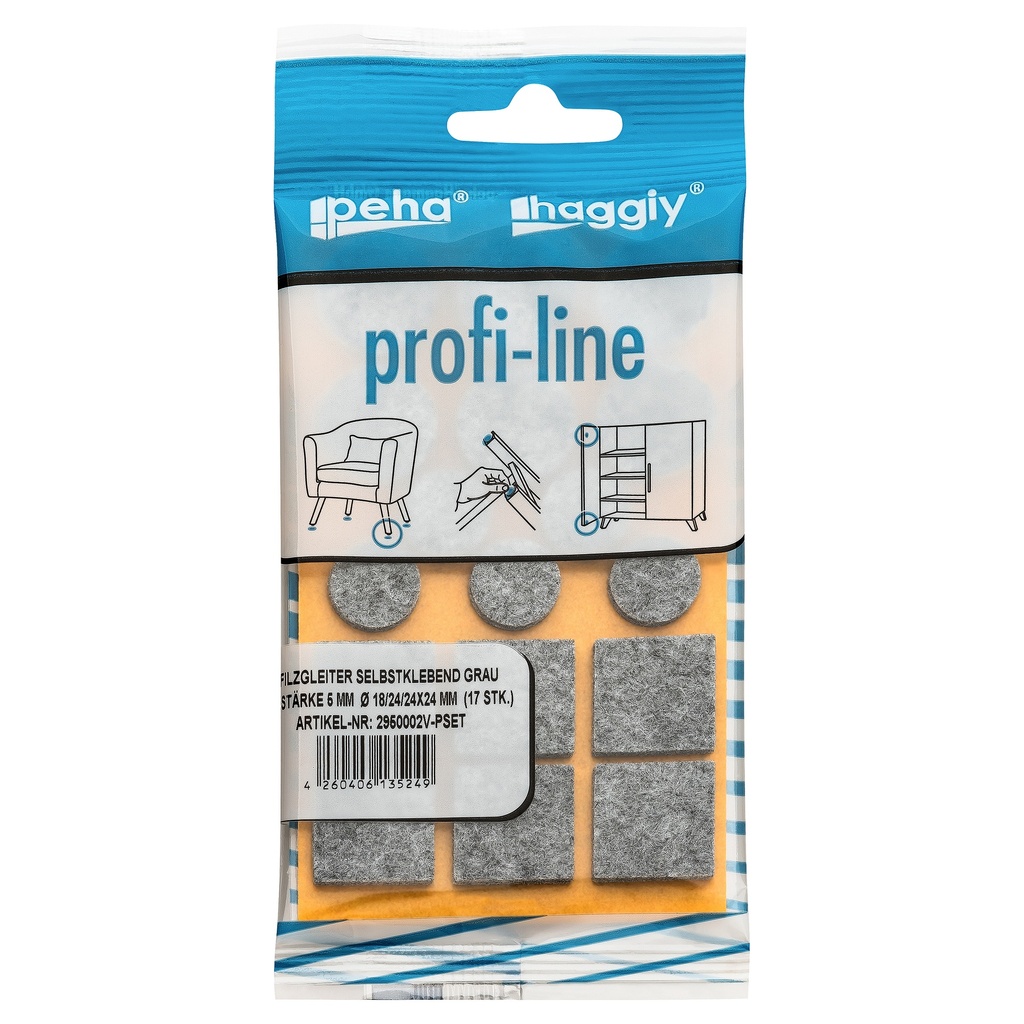 [2950002V-PSET] peha profi-line Filzgleiter selbstklebend, 5.0 mm versch. Größen | grau (17 Stk.)