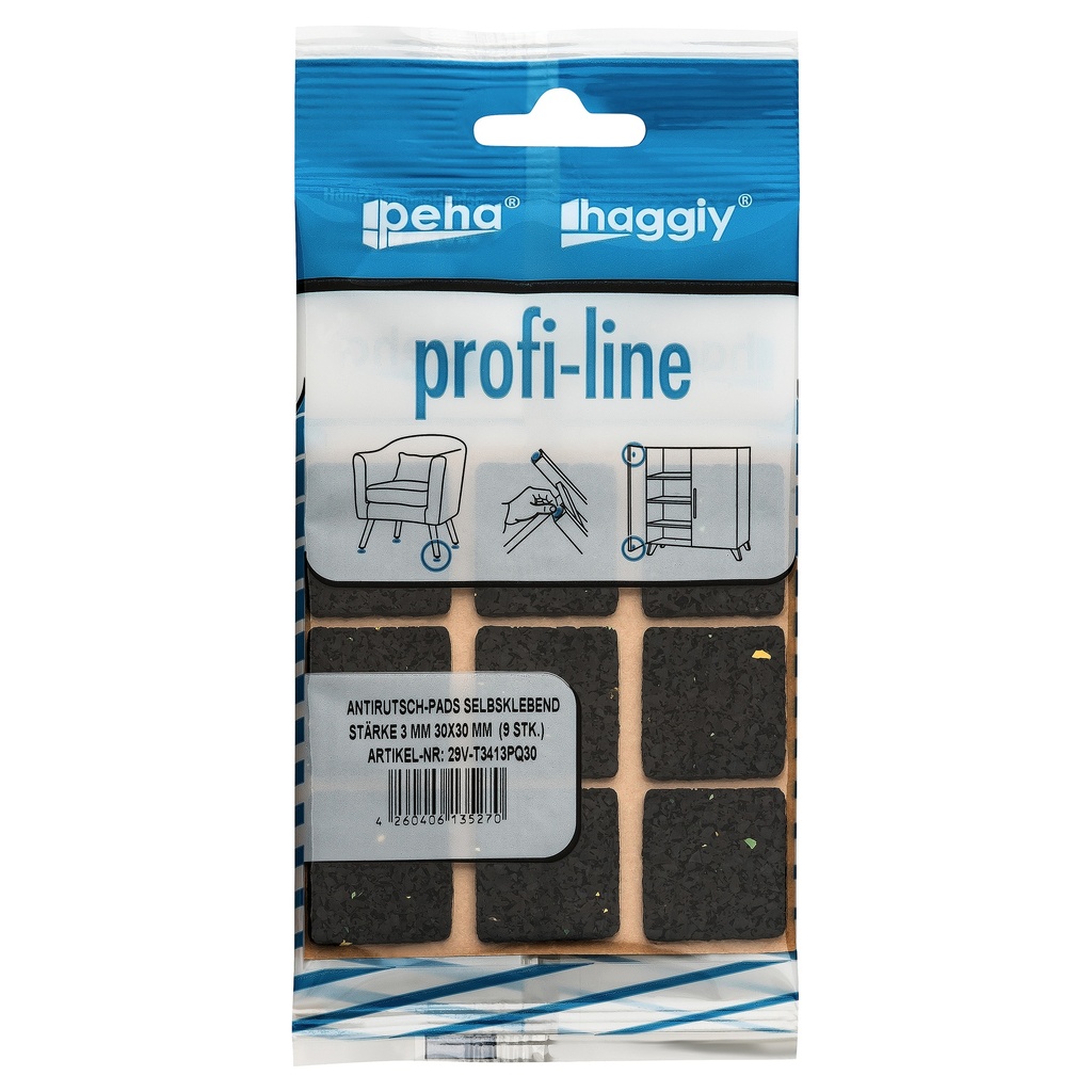[29V-T3413PQ30] peha profi-line Antirutsch-Pads selbstkl. 3.0 mm 30x30 mm | schwarz (9 Stk.)