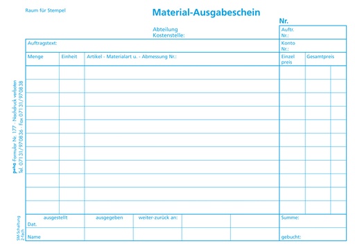 [177] Formular Material-Ausgabeschein, A5 quer, | 100 Blatt