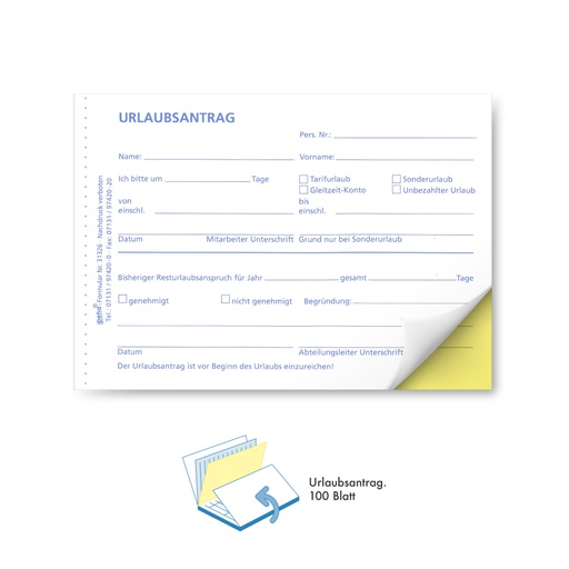 [31326] Formular Urlaubsantrag selbstdurchschreibend, | DIN  A6, quer 2 x 48 Blatt