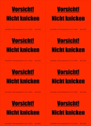 [620V-H03] Hinweis-Etiketten 8 Stk./Blatt signalrot, 99x69 mm | Aufdruck: &quot;Vorischt! Nicht knicken&quot;