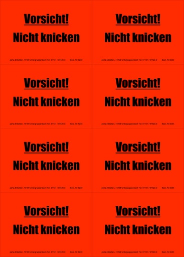 [620V-H03] Hinweis-Etiketten 8 Stk./Blatt signalrot, 99x69 mm | Aufdruck: "Vorischt! Nicht knicken"