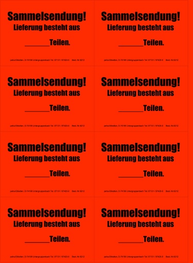[620V-H12] Hinweis-Etiketten 8 Stk./Blatt signalrot, 99x69 mm | Aufdruck: "SAMMELSENDUNG!"