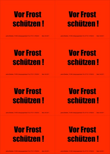 [620V-H11] Hinweis-Etiketten 8 Stk./Blatt signalrot, 99x69 mm | Aufdruck: "Vor Frost schützen!"