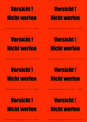 [620V-H04] Hinweis-Etiketten 8 Stk./Blatt signalrot, 99x69 mm | Aufdruck: "VORSICHT! Nicht werfen"